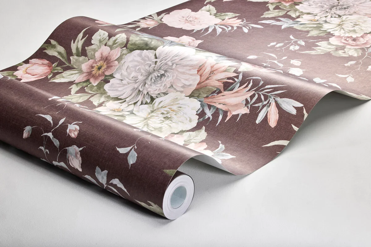 Tapeta flizelinowa papierowa z roślinnym wzorem FLORAL CHARM burgundowy z białym - Image 3