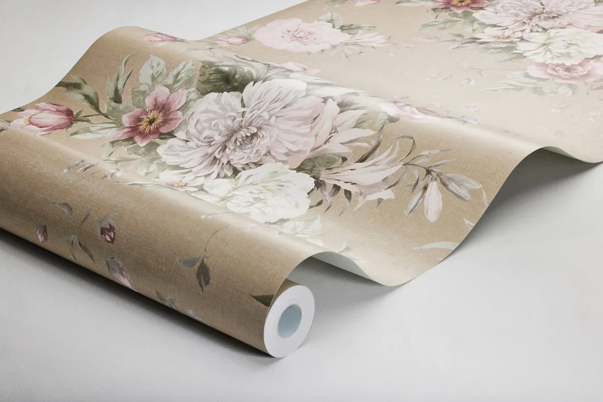Tapeta flizelinowa papierowa z roślinnym wzorem FLORAL CHARM ciemny beż z różowym i białym - Image 4