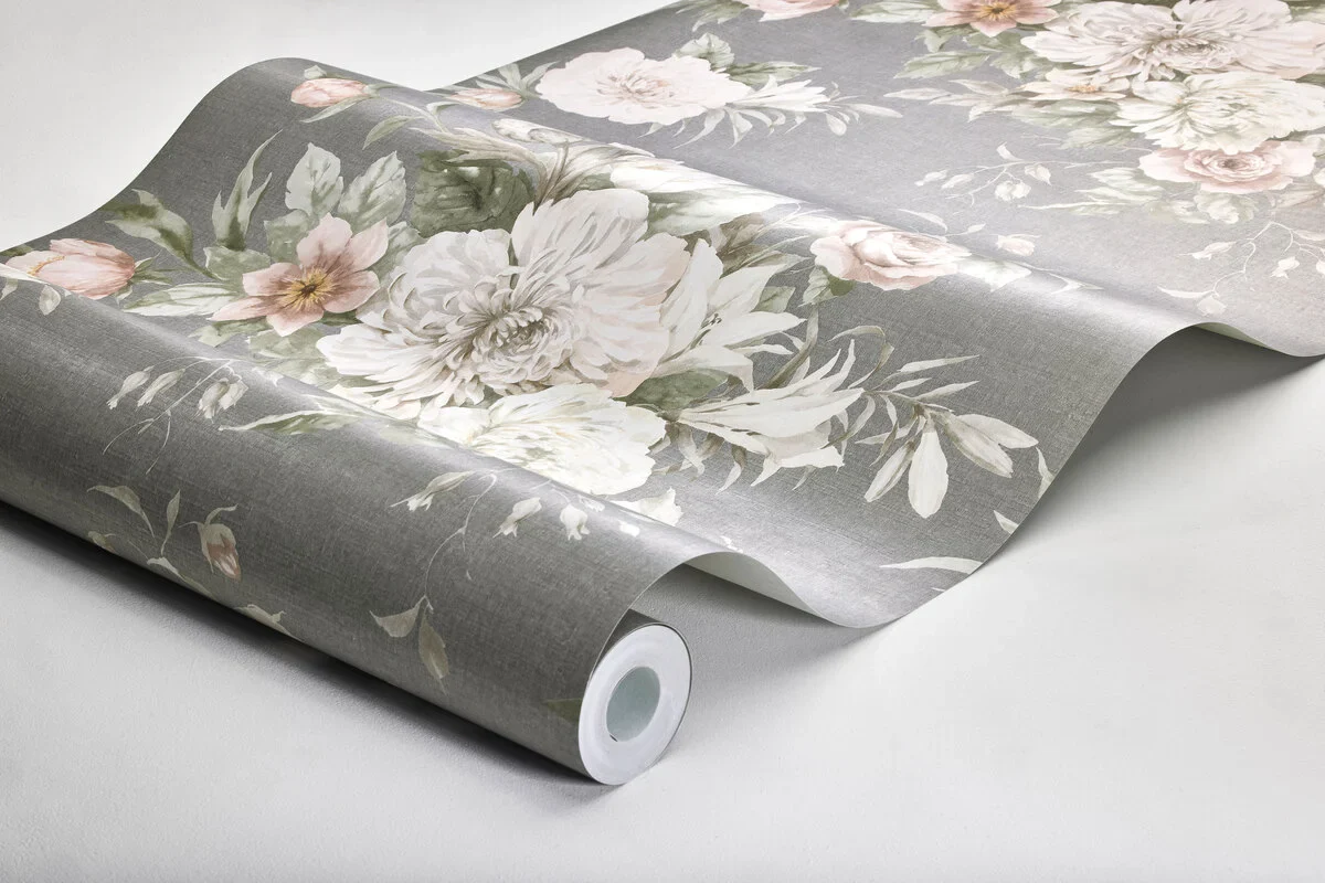Tapeta flizelinowa papierowa z roślinnym wzorem FLORAL CHARM szary z białym i różowym - Image 3
