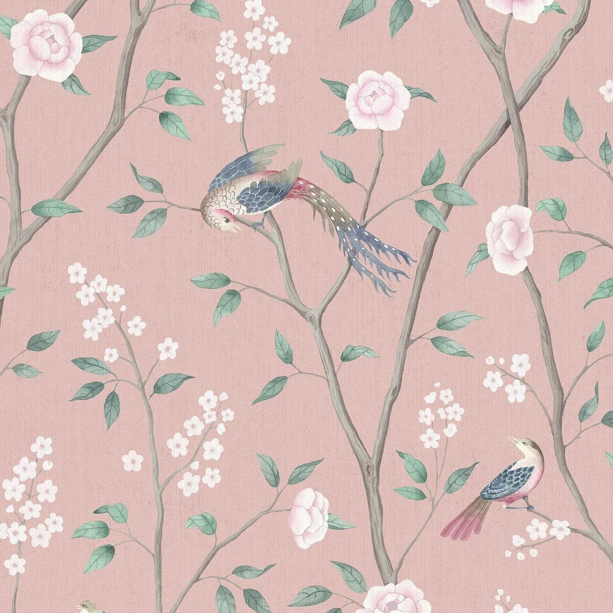 Tapeta flizelinowa papierowa z roślinnym wzorem PARADISE BIRDS różowy z białym