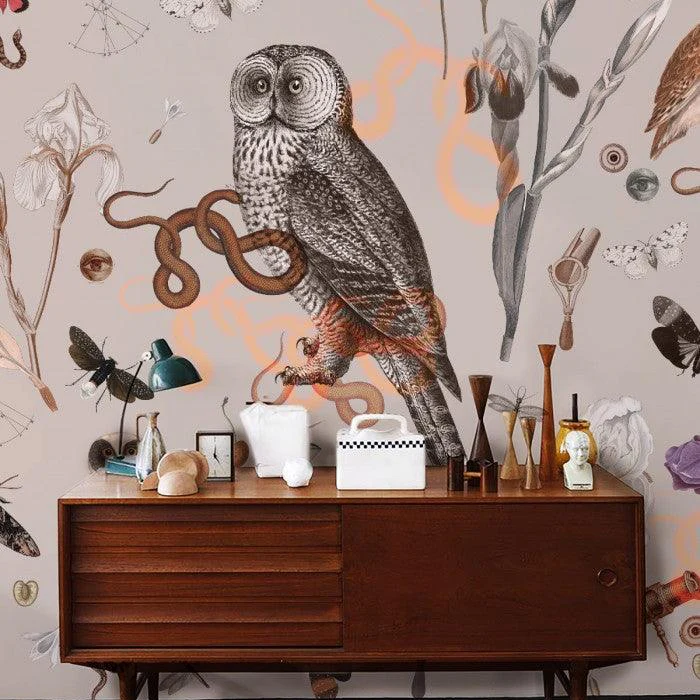 Tapeta flizelinowa z motywem zwierzęcym PINK OWLS beżowy