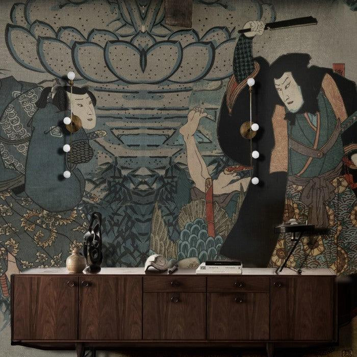 Tapeta flizelinowa z motywem wojownika SAMURAI SAGA zgaszony niebieski