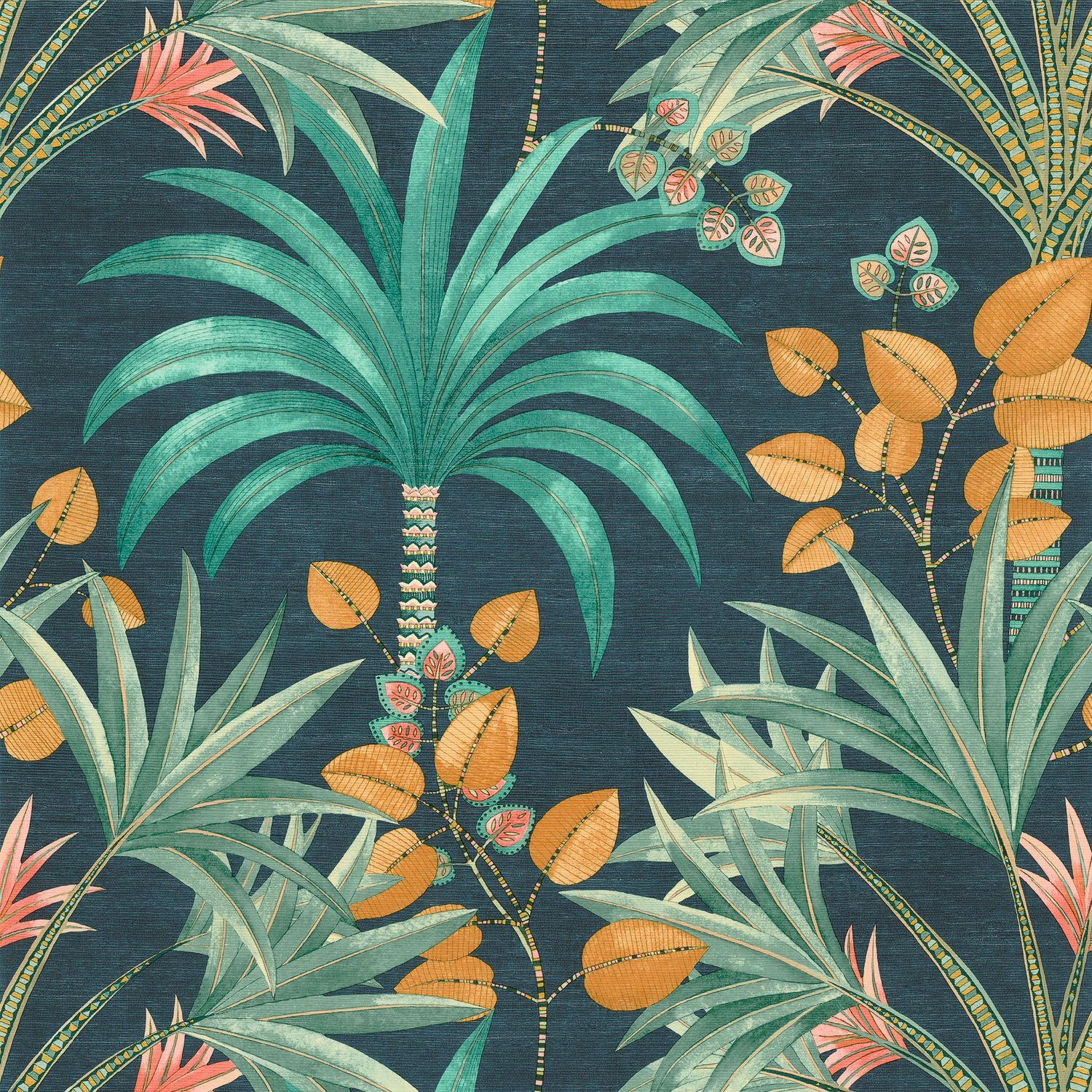 Tapeta strukturalna z motywem roślinnym palm MIRISSA - PETROLE/TURQUOISE granatowy z turkusowym