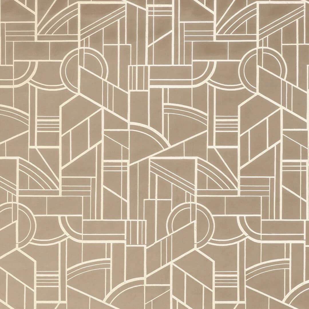 Tapeta tekstylna metaliczna z motywem geometrycznym art deco REIMS - TAUPE taupe z beżowym