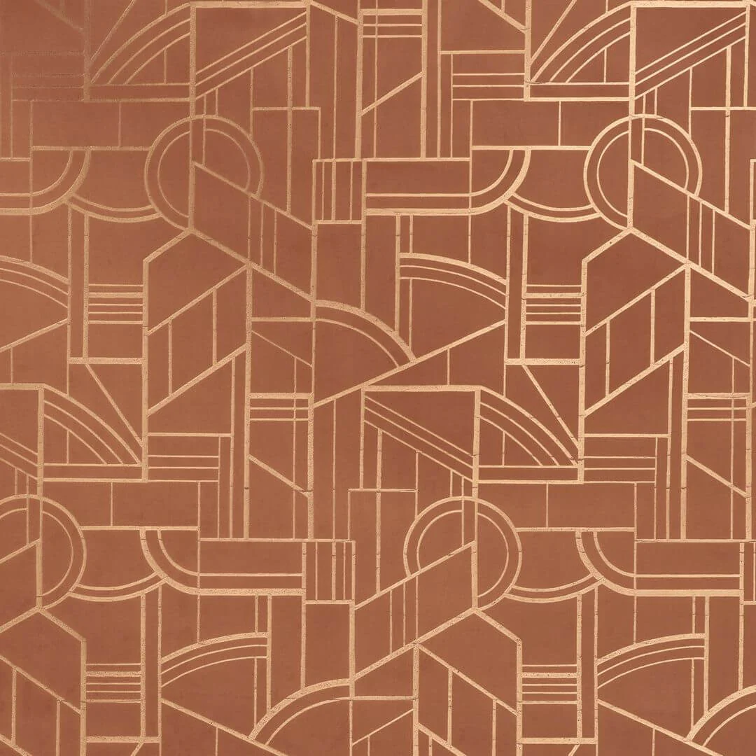 Tapeta tekstylna metaliczna z motywem geometrycznym art deco REIMS - TERRE DE SIENNE terakota ze złotym