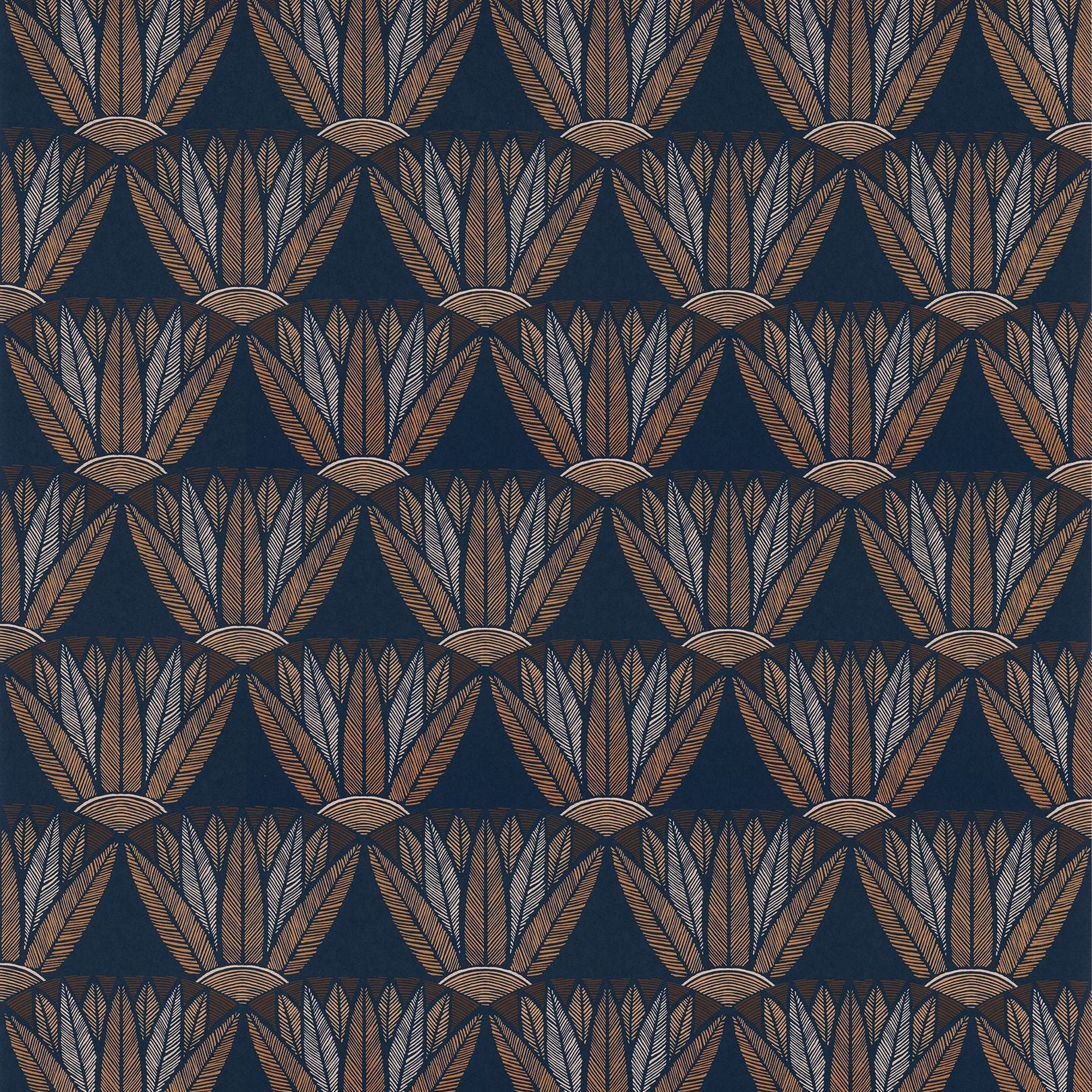 Tapeta z motywem roślinnym kwiatów lotosu CASTALIA - MARINE/TERRACOTTA granatowy z terakotą