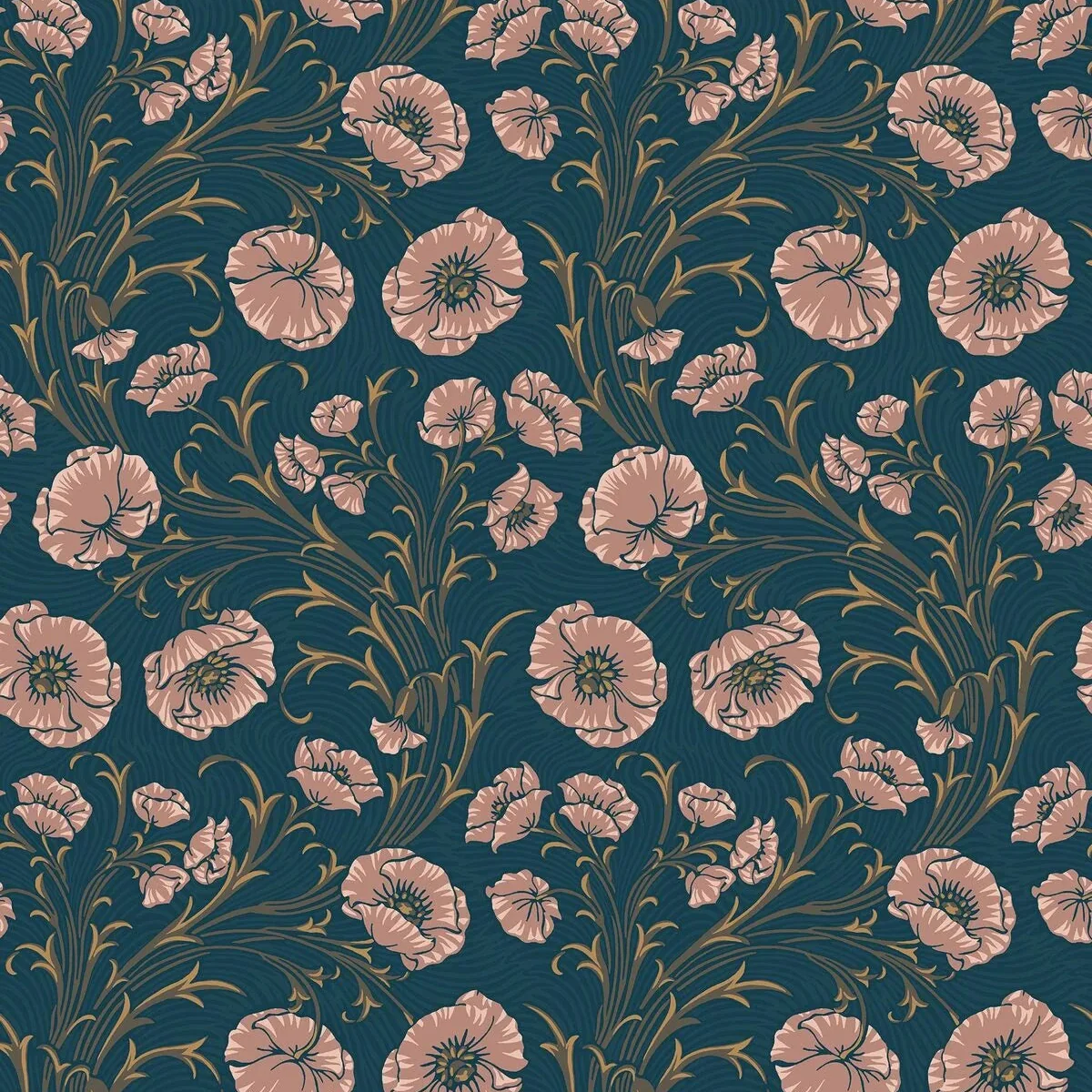 Tapeta z motywem roślinnym kwiatów POPPY FLOW granatowy z różowym