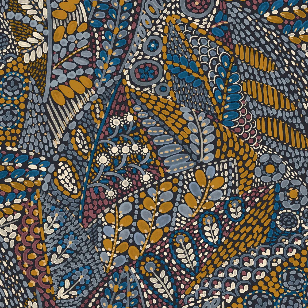 Tapeta z motywem roślinnym liści TALAVERA - MARINE OCLE niebieski z pomarańczowym