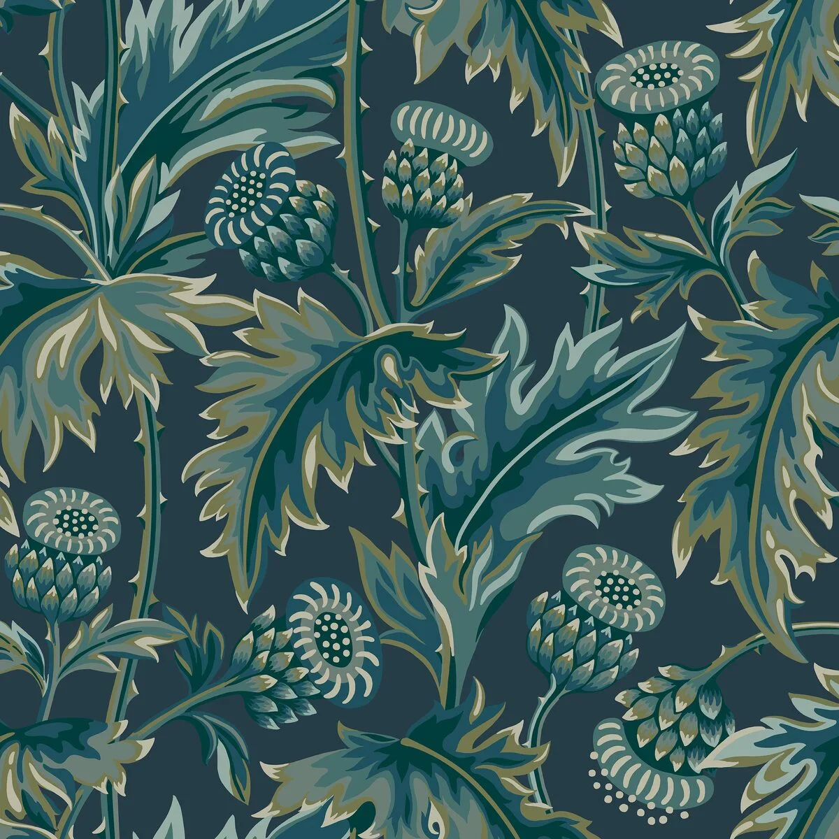 Tapeta z motywem roślinnym TREASURED THISTLE granatowy z zielonym