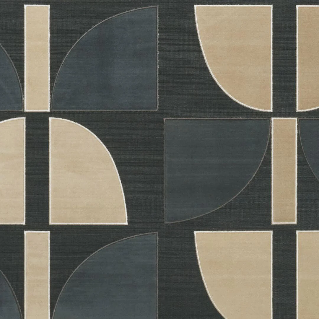 Tapeta z włókna roślinnego z geometrycznym wzorem HIKARI - NOIR TAUPE czarny z brązem i granatowym