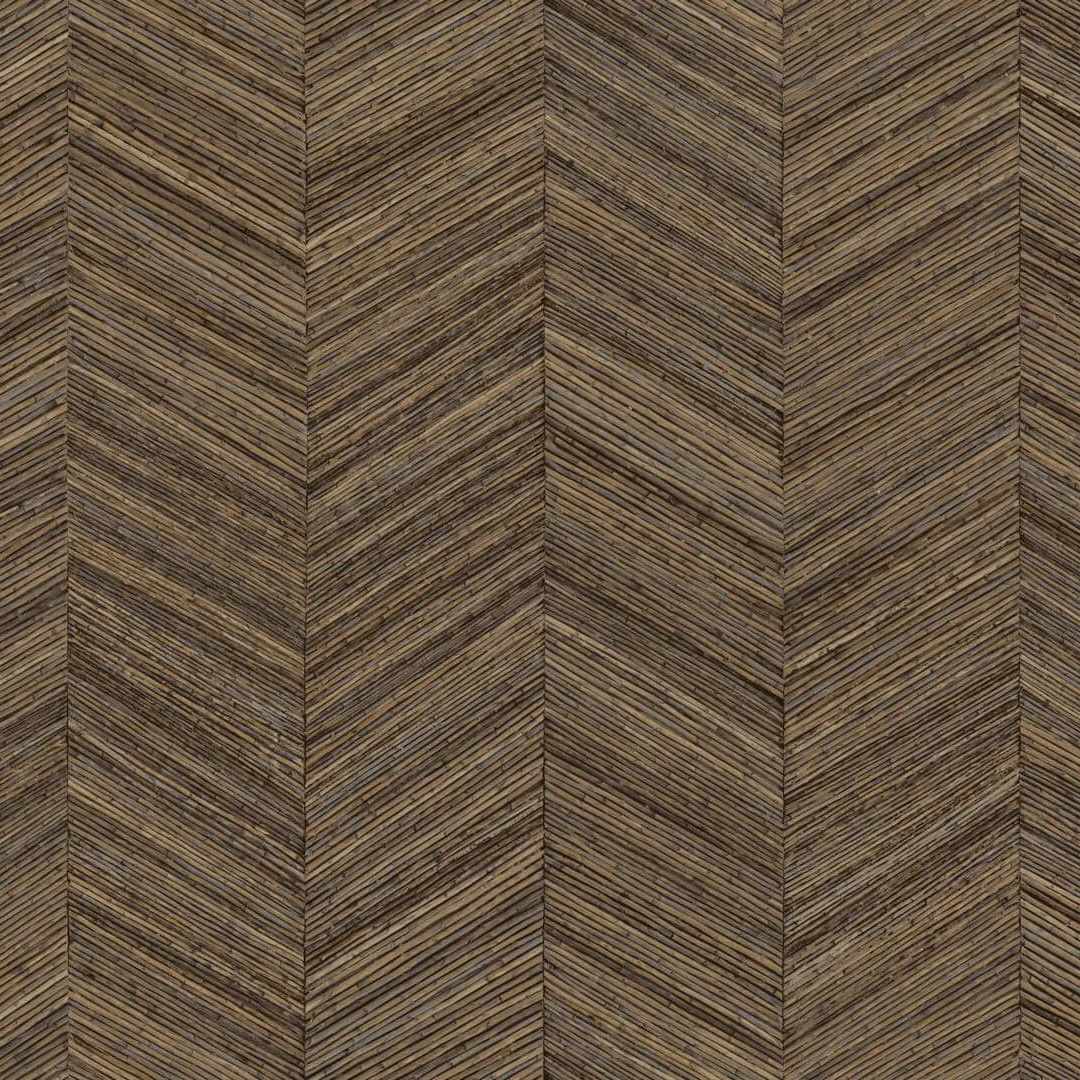 Tapeta strukturalna geometryczna imitująca drewno ze wzorem jodełki OCOTEA - SEPIA ciepły brązowy